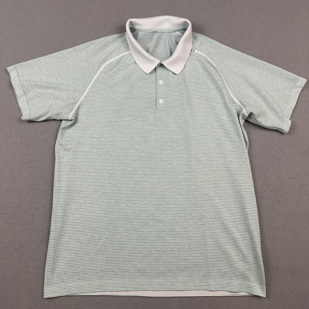 Lululemon Polo Shirt Men Large Blue Stripe Performance Golf Short Sleeve L